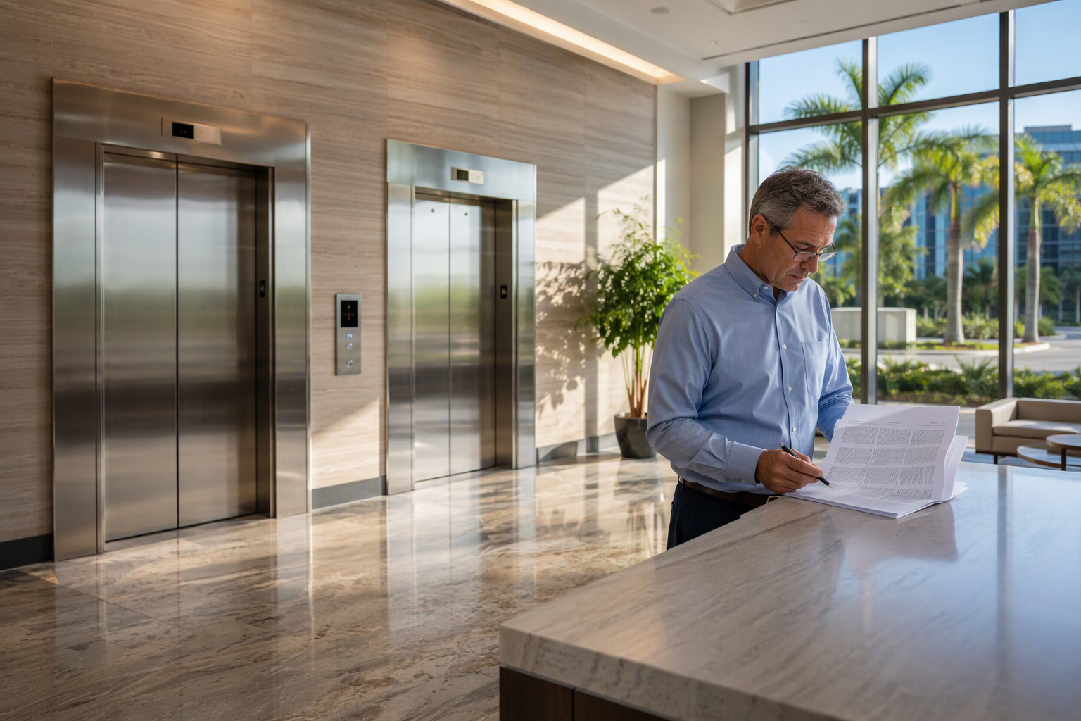 Building manager reviewing a full maintenance elevator contract versus a parts and labor contract in a commercial Florida office lobby with stainless-steel elevator doors