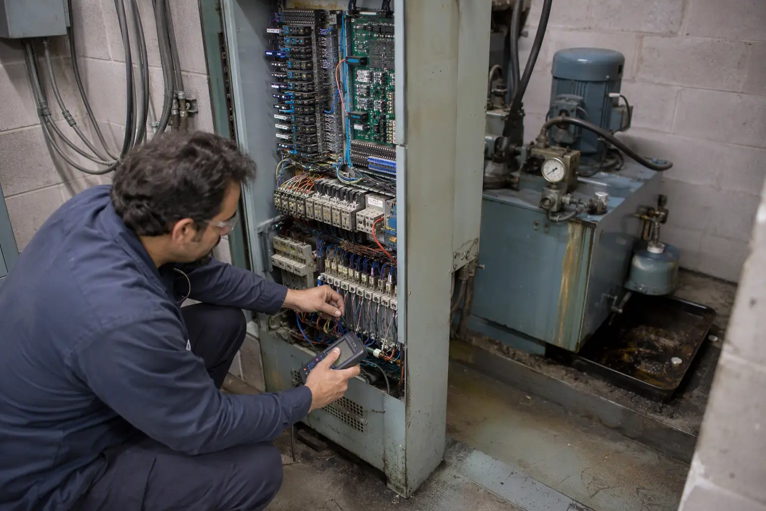 Technician Conducting Site Walkthrough in Machine Room Elevator technician inspecting a hydraulic controller in a Florida commercial building machine room during a pre-proposal site walkthrough assessment.
