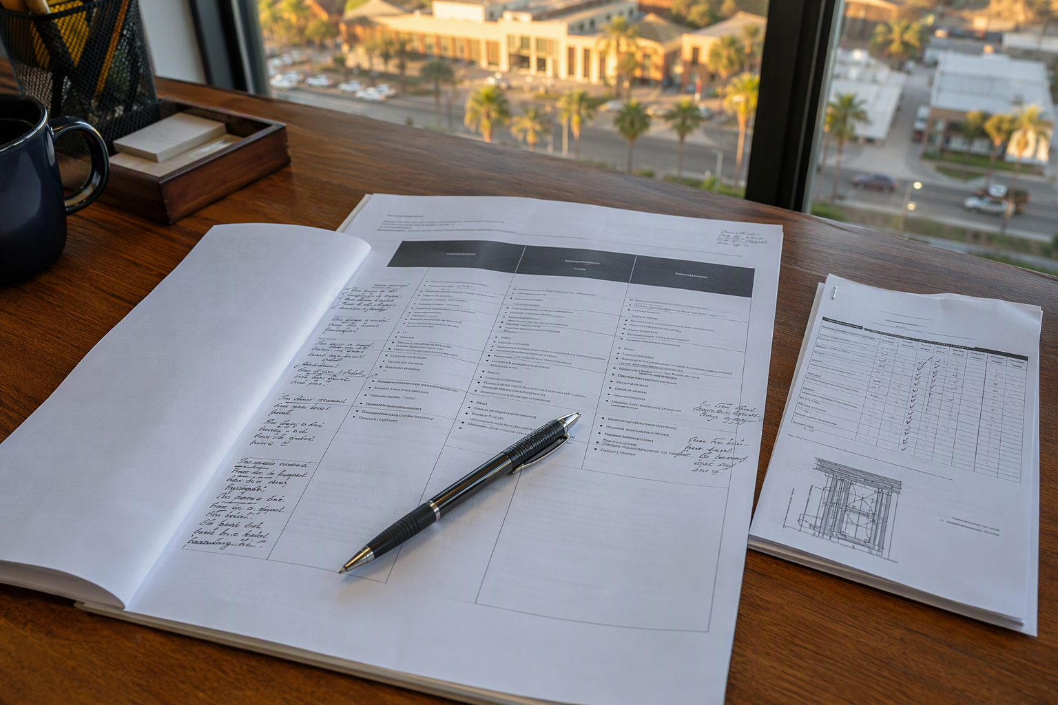 Reviewing Elevator Maintenance Contract Options Building manager reviewing elevator maintenance contract tiers at a desk in a Sarasota Florida property management office, comparing full maintenance and basic service proposal options.