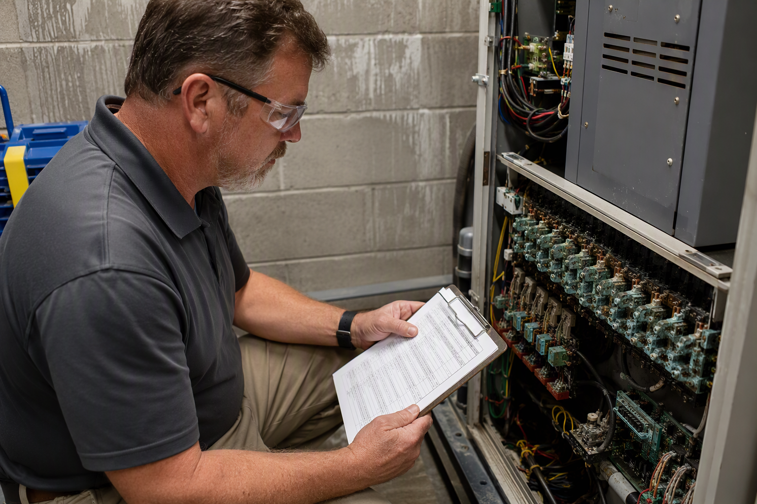 Elevator inspector reviewing checklist in a Florida coastal building machine room with corroded electrical terminals visible on a traction controller cabinet
