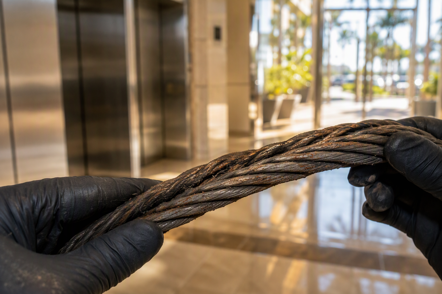 Corroded elevator wire rope with pitting and salt damage removed from a Florida coastal building during routine maintenance inspection