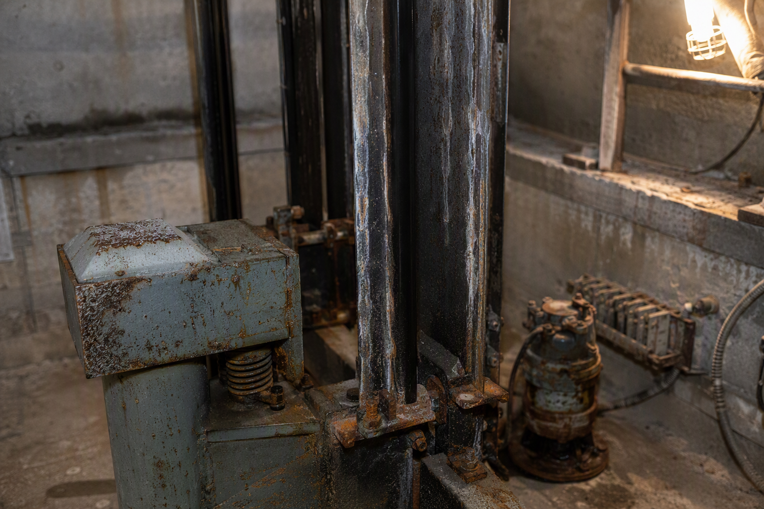 Salt Air Corrosion in Elevator Pit – Florida Coastal Building Corroded elevator guide rails and buffer components inside a Florida coastal building pit, showing rust and oxidation damage caused by salt air and humidity.