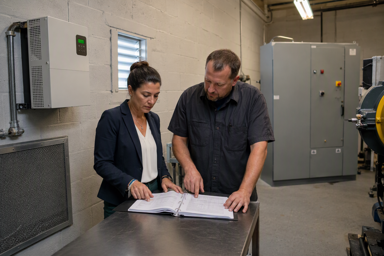 Elevator Maintenance Planning – Florida Coastal Building Machine Room Building manager and elevator technician reviewing a preventive maintenance plan in a Florida machine room equipped with dehumidification to combat coastal humidity damage.