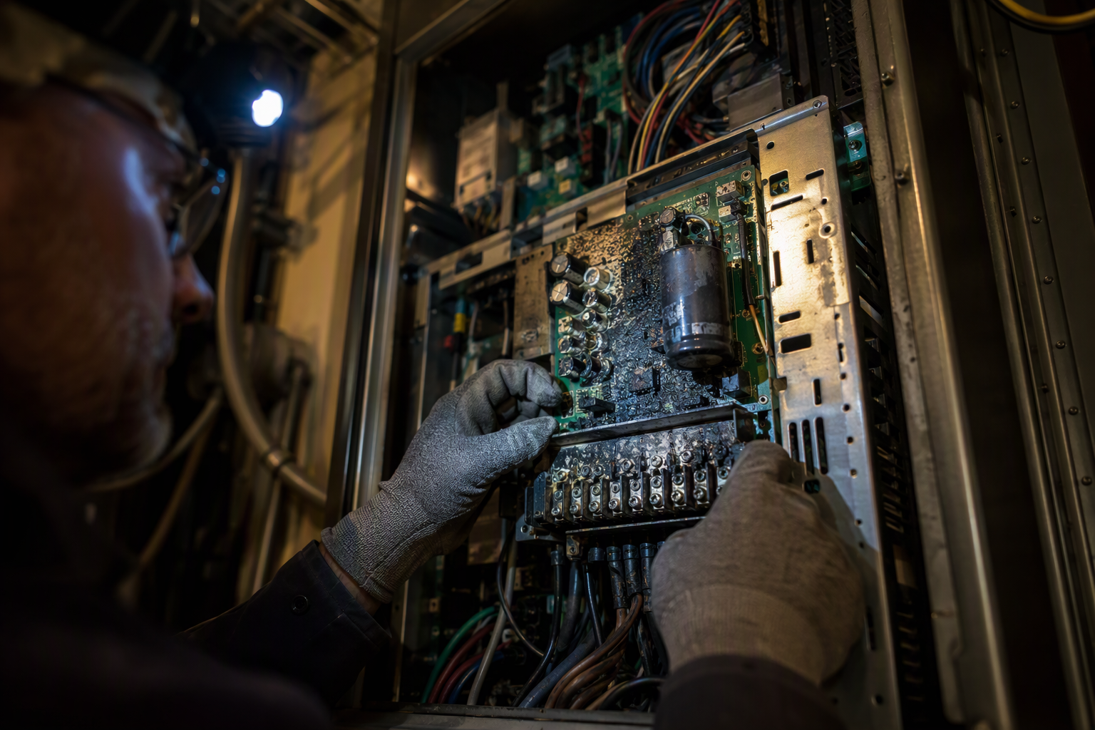 Elevator technician inspecting a surge-damaged variable-frequency drive controller after a Florida hurricane, showing burned circuit board — a leading cause of elevator failures during storm season