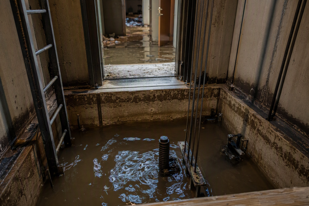 Flooded elevator pit in a Florida coastal building after a hurricane, showing submerged safety devices and traveling cable — a common elevator problem during Florida hurricane season