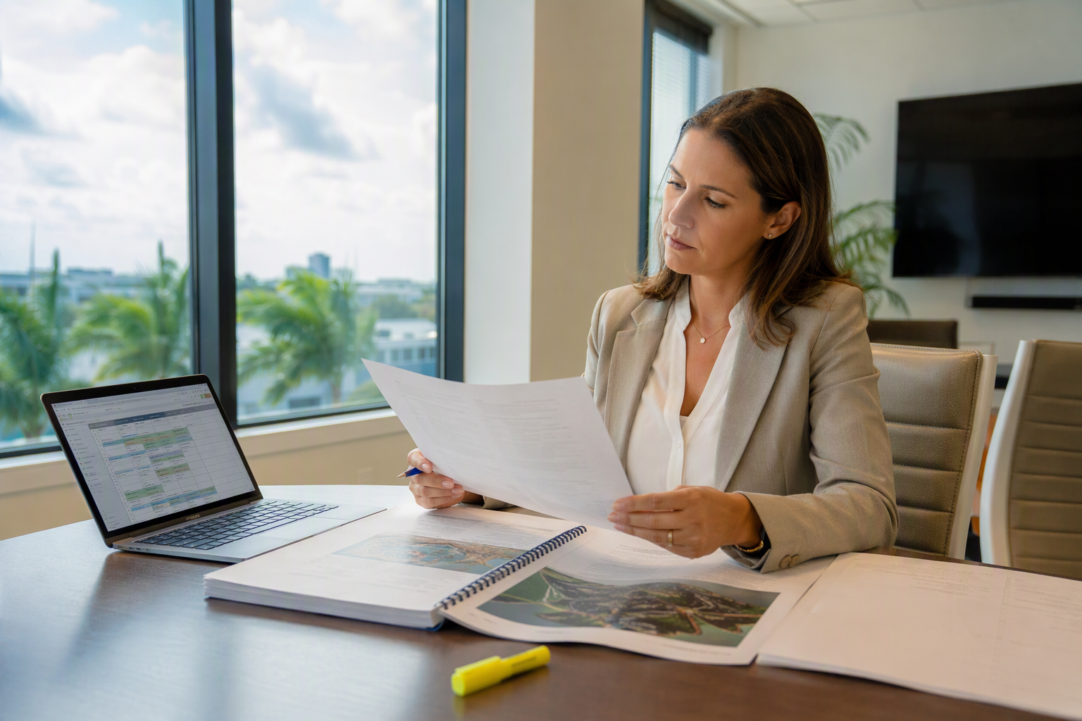 Property manager reviewing elevator certificate of operation and hurricane preparedness documents in a Florida condominium office before storm season