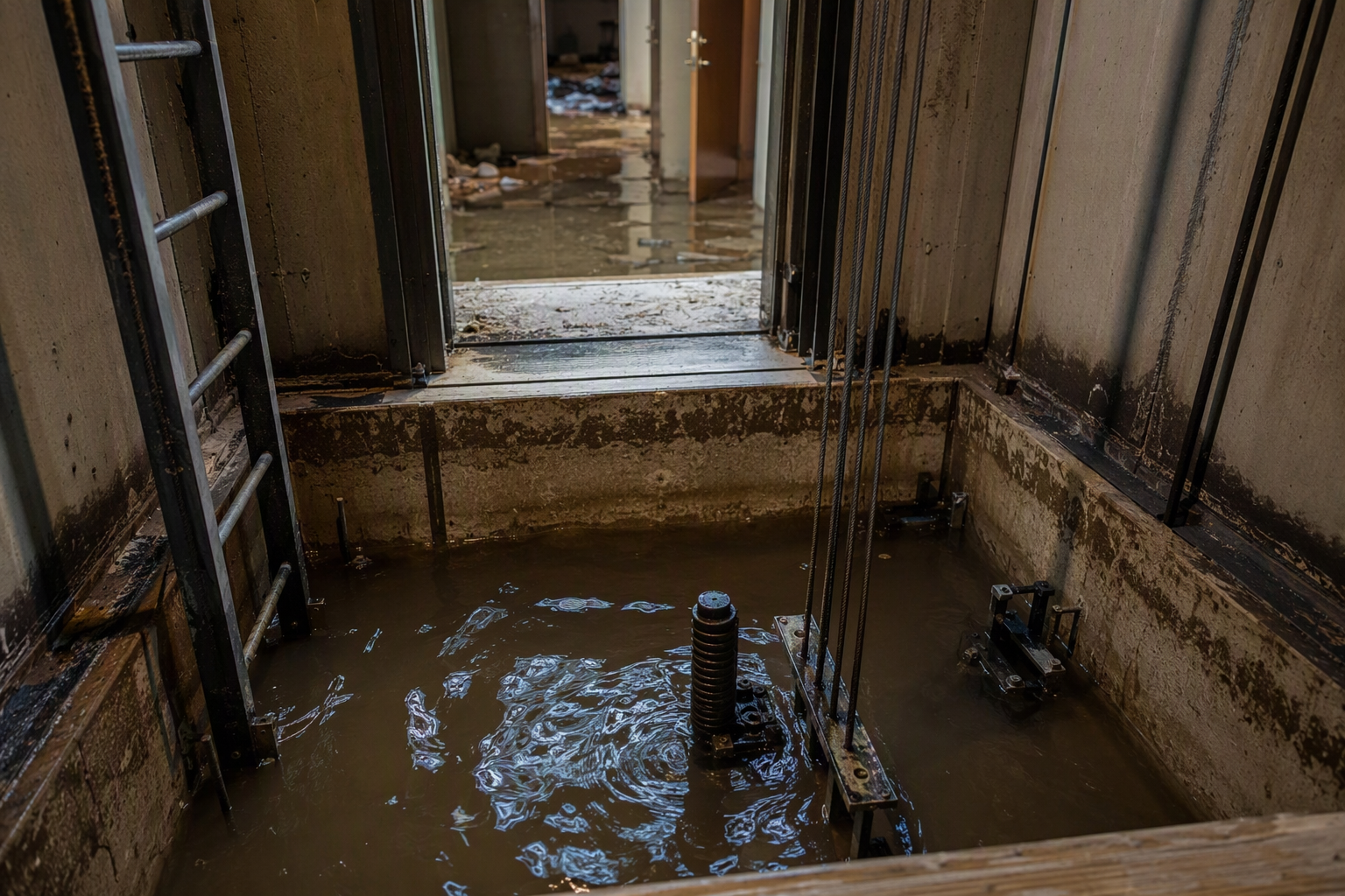 Flooded elevator pit in a Florida coastal building after a hurricane, showing submerged safety devices and traveling cable — a common elevator problem during Florida hurricane season