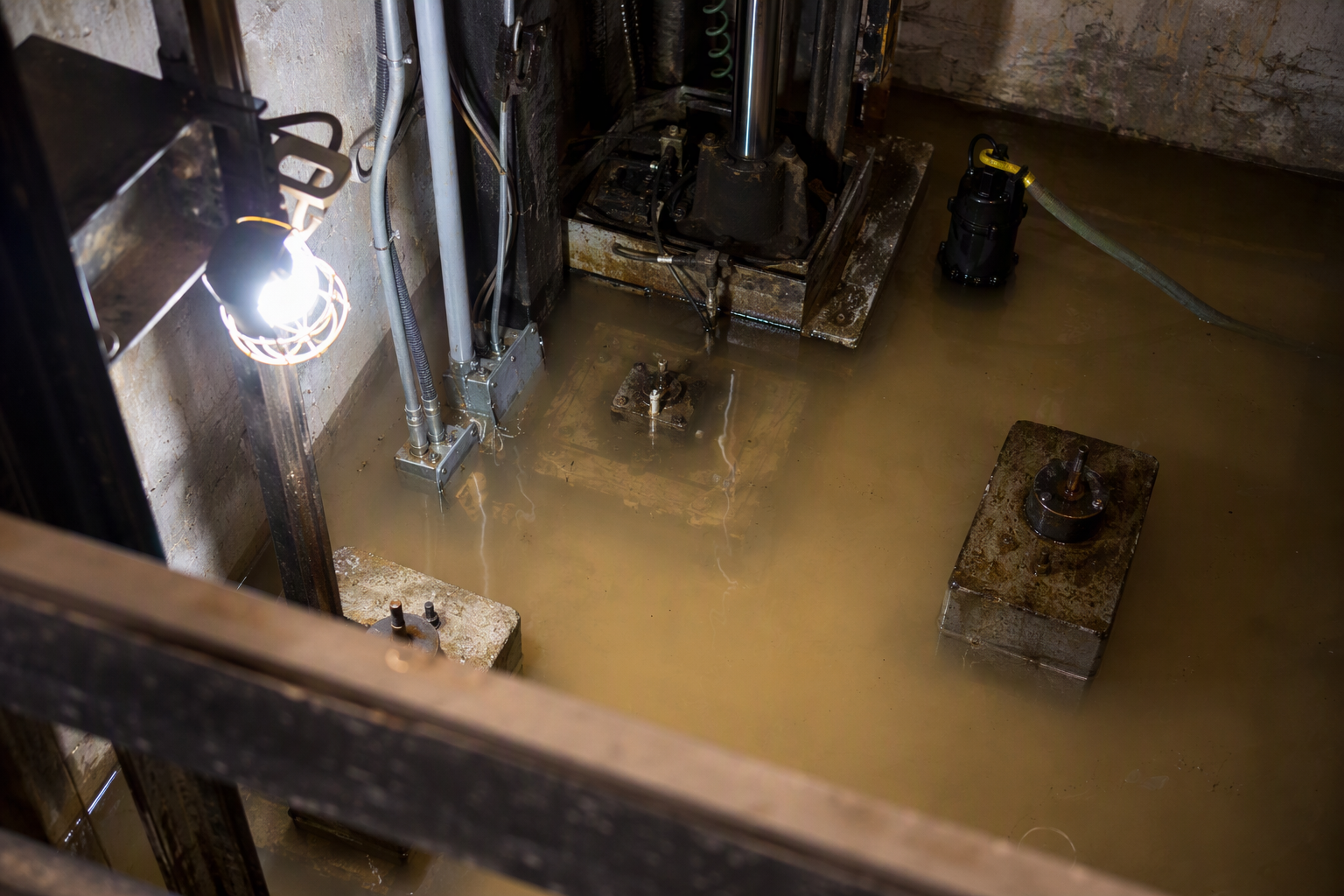 Flooded elevator pit interior after a Florida hurricane storm surge, showing submerged hydraulic components, wiring conduit, and a sump pump