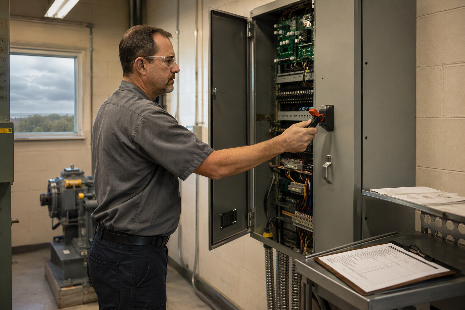 Elevator technician shutting down the main disconnect on a controller in a Florida building machine room as part of a pre-hurricane storm preparation protocol