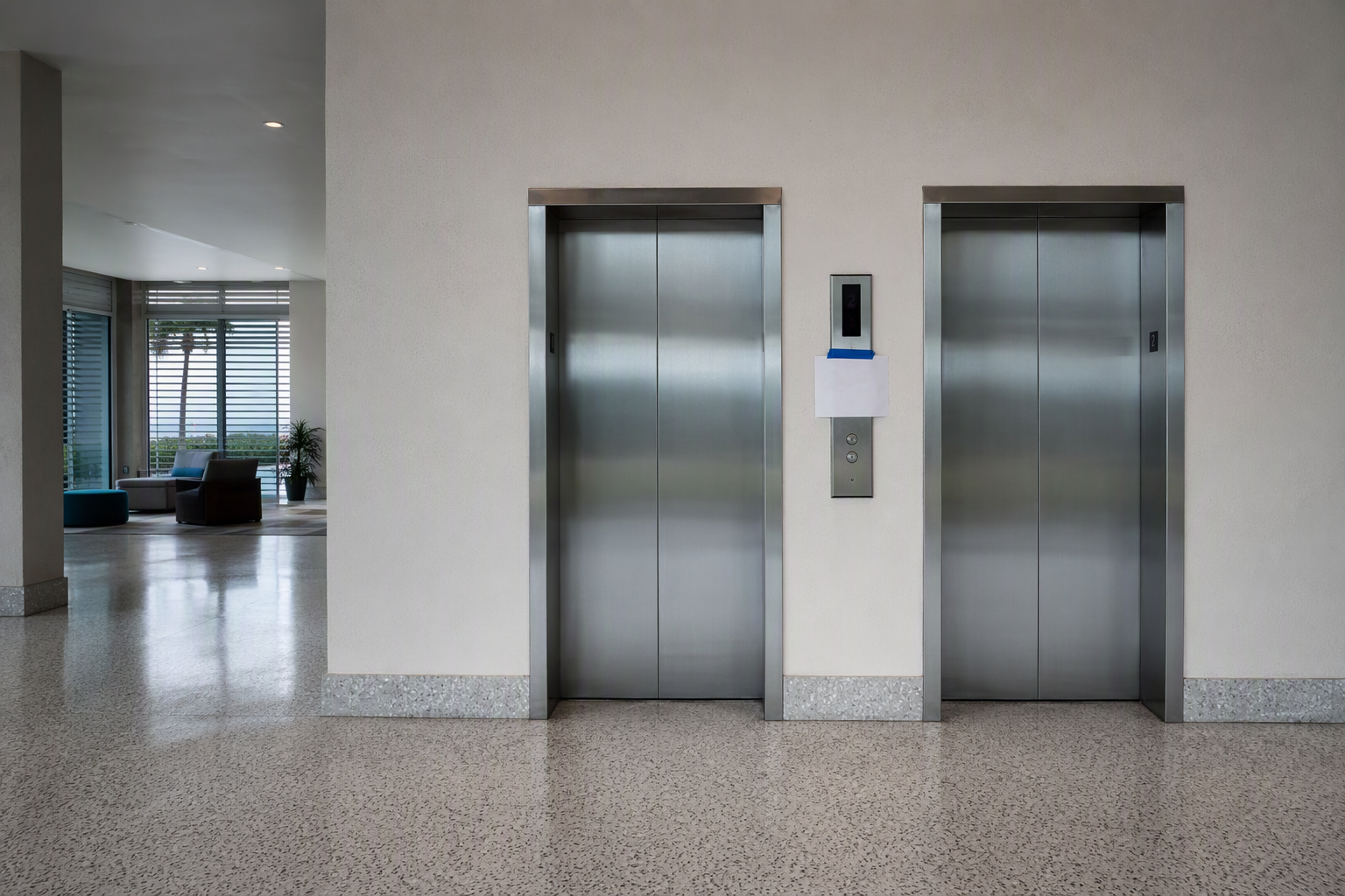 Elevator lobby in a Florida coastal building with storm shutters down, showing elevators taken out of service before hurricane season storm arrival