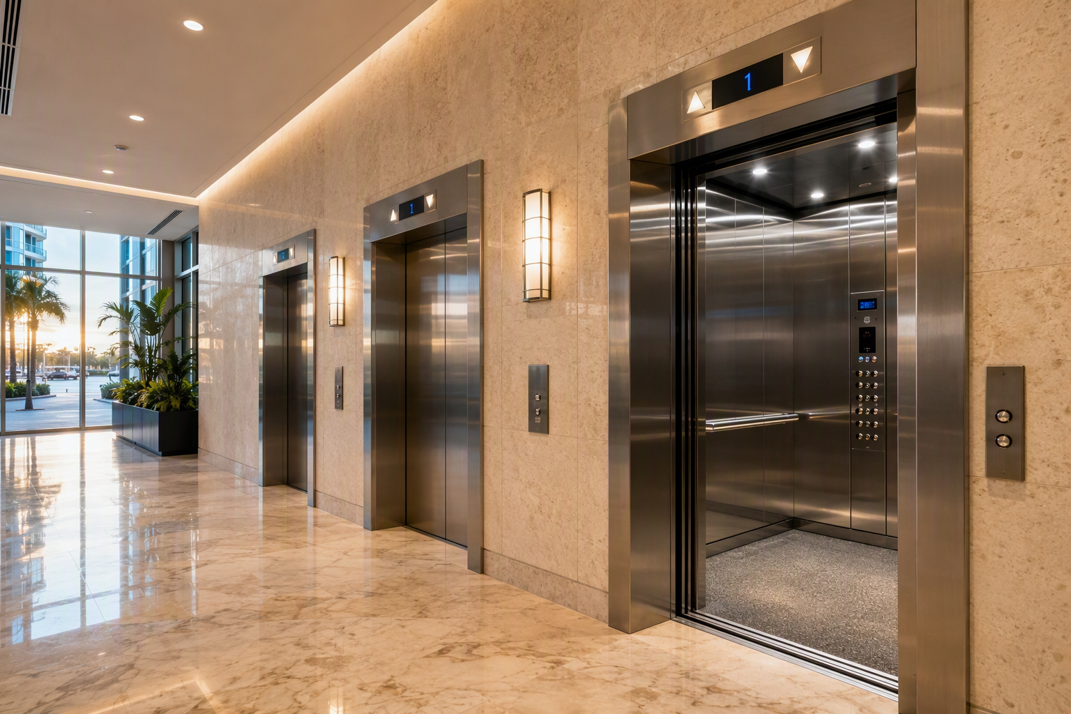 Bank of three modern stainless-steel motion elevator doors in a Pompano Beach Florida commercial building lobby with polished marble floors and warm natural lighting