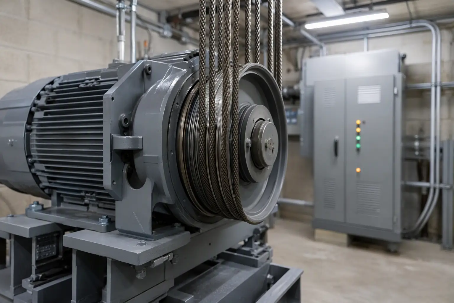 Gearless traction elevator motor and drive sheave with steel hoist ropes inside a Florida building machine room showing VVVF controller in background