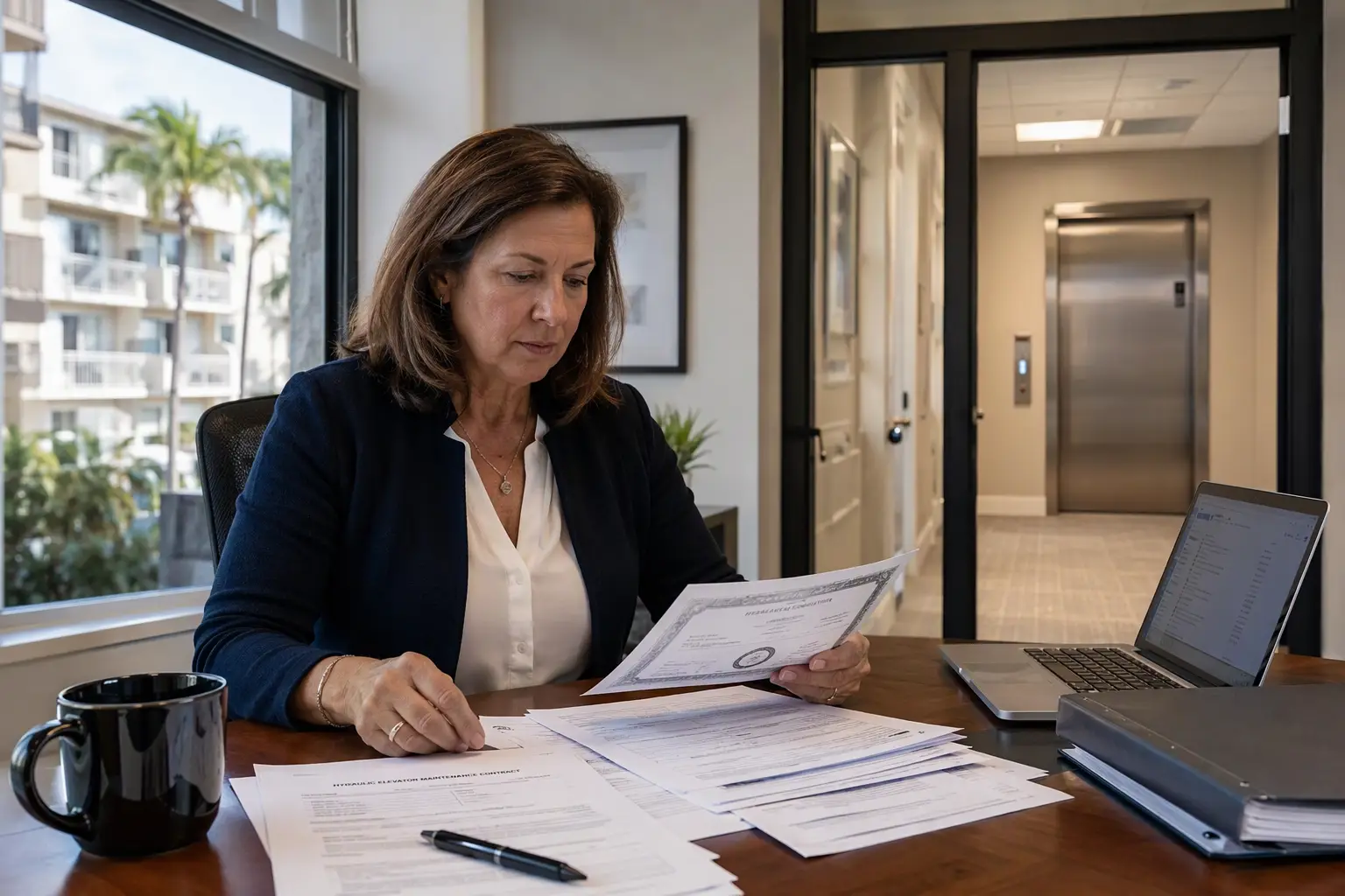 Florida property manager reviewing hydraulic motion elevator inspection certificates and maintenance compliance documents at an office desk in a low-rise residential building