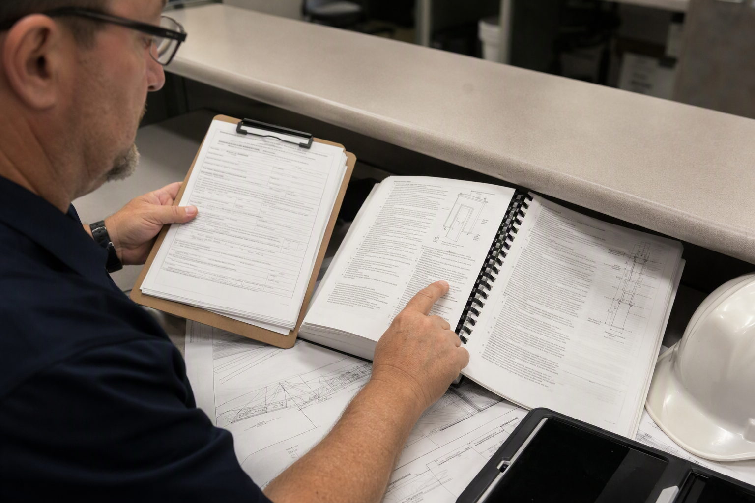 Florida DBPR certified elevator inspector reviewing ASME A17.1 code documents and permit checklist before approving a new hospital elevator installation.