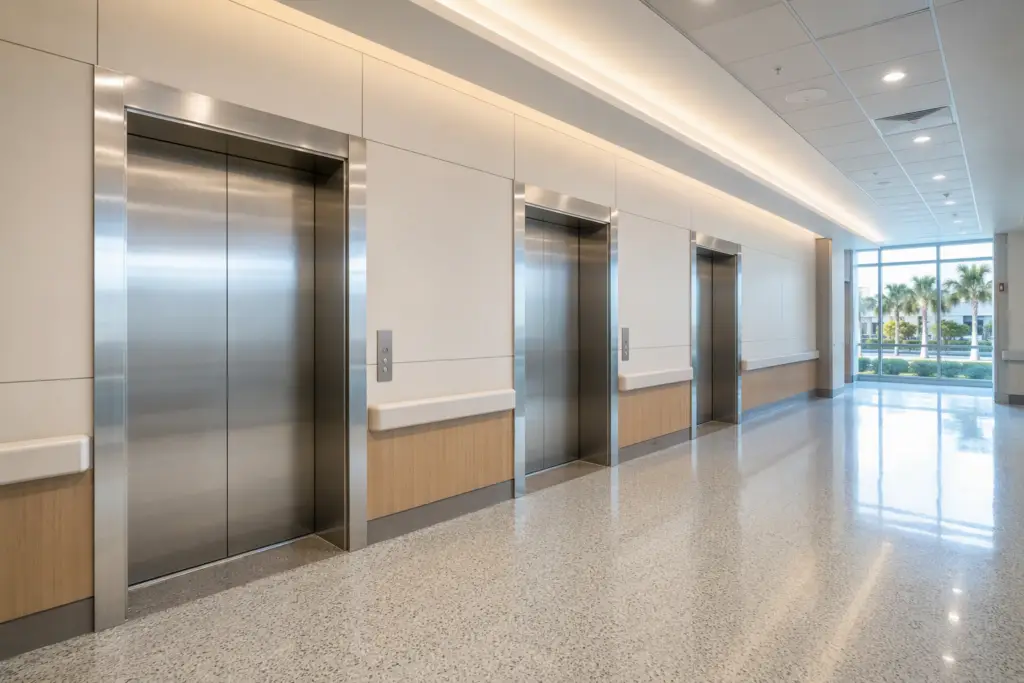 Modern Florida hospital elevator lobby with three stainless-steel elevator doors and polished terrazzo floors, representing new elevator installation permit requirements for healthcare facilities.