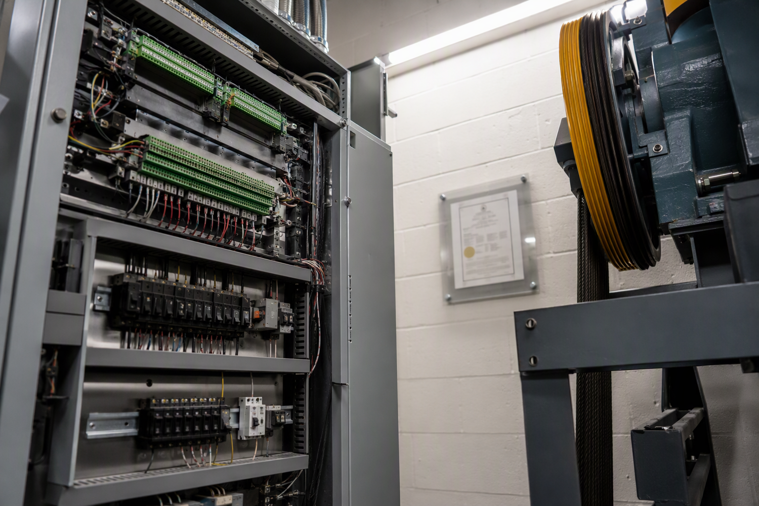 Hospital elevator machine room in Florida showing traction motor, controller cabinet, and a DBPR certificate of operation required before the elevator enters service.