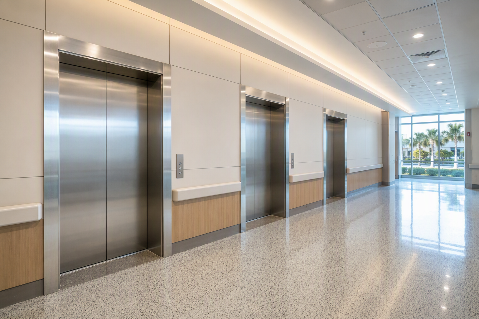 Modern Florida hospital elevator lobby with three stainless-steel elevator doors and polished terrazzo floors, representing new elevator installation permit requirements for healthcare facilities.