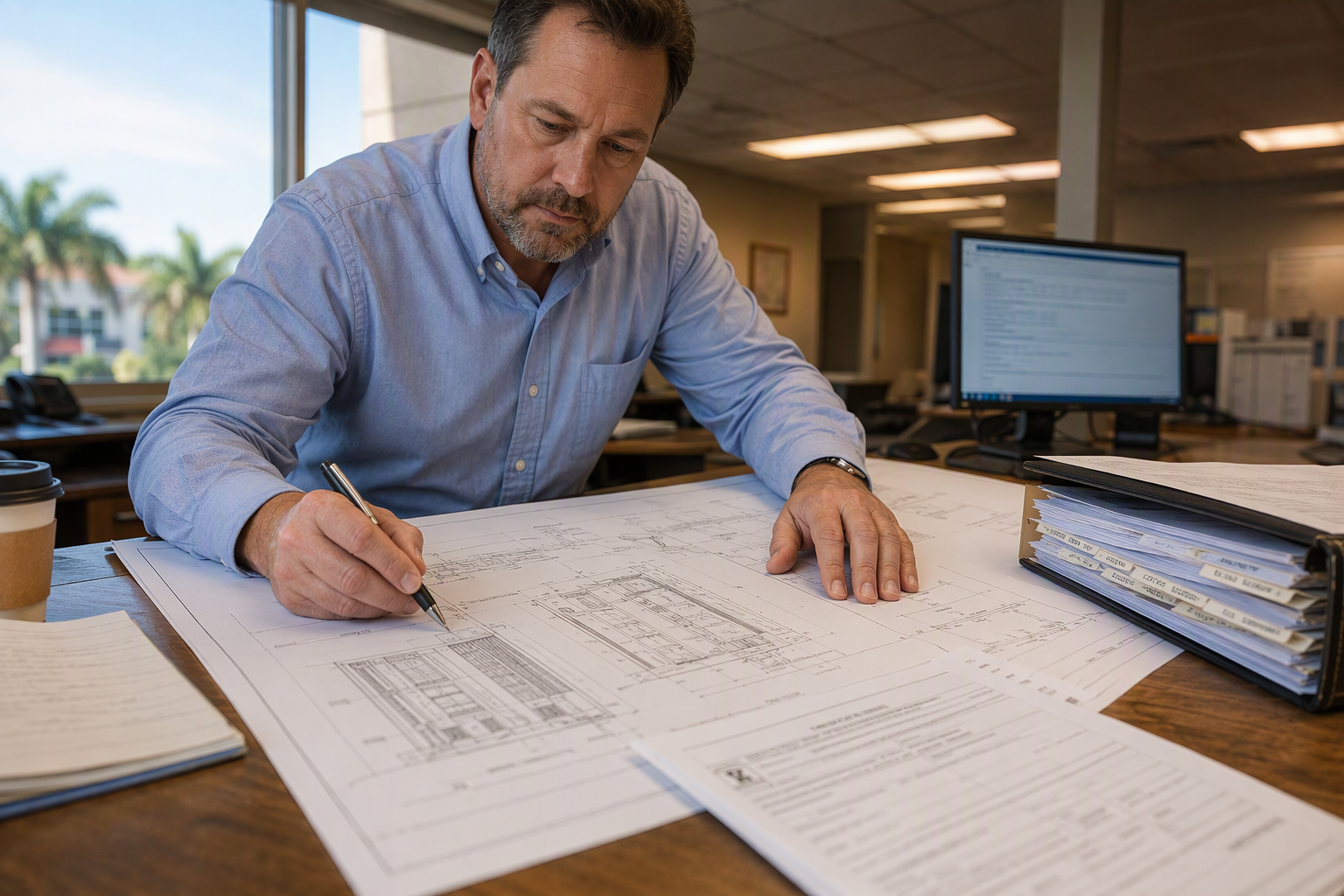 Elevator contractor reviewing Florida DBPR permit application drawings and engineering documents required before commercial elevator installation can begin