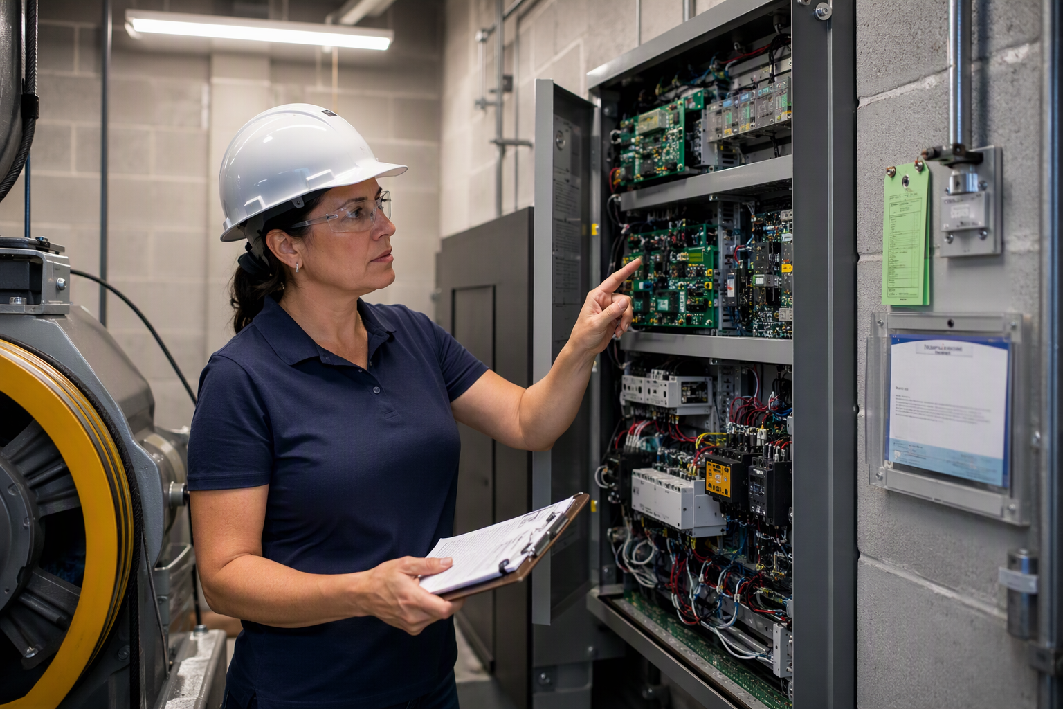 Certified elevator inspector reviewing controller cabinet and Florida certificate of operation in a commercial building machine room after new elevator installation