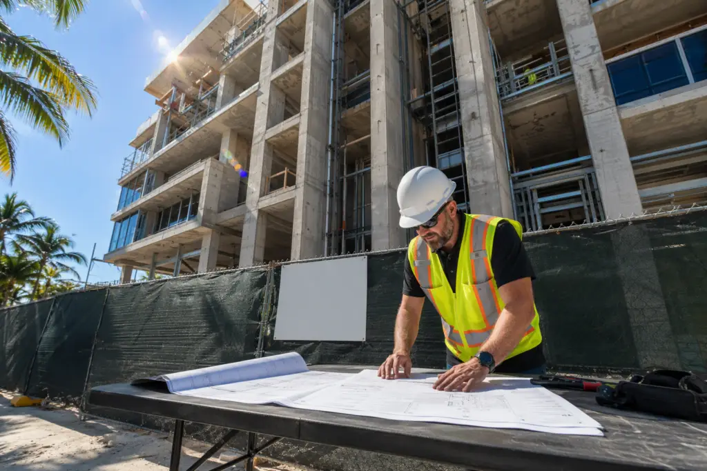 Licensed elevator contractor reviewing permit documents at a Pompano Beach FL commercial construction site with a new elevator hoistway visible in the building frame