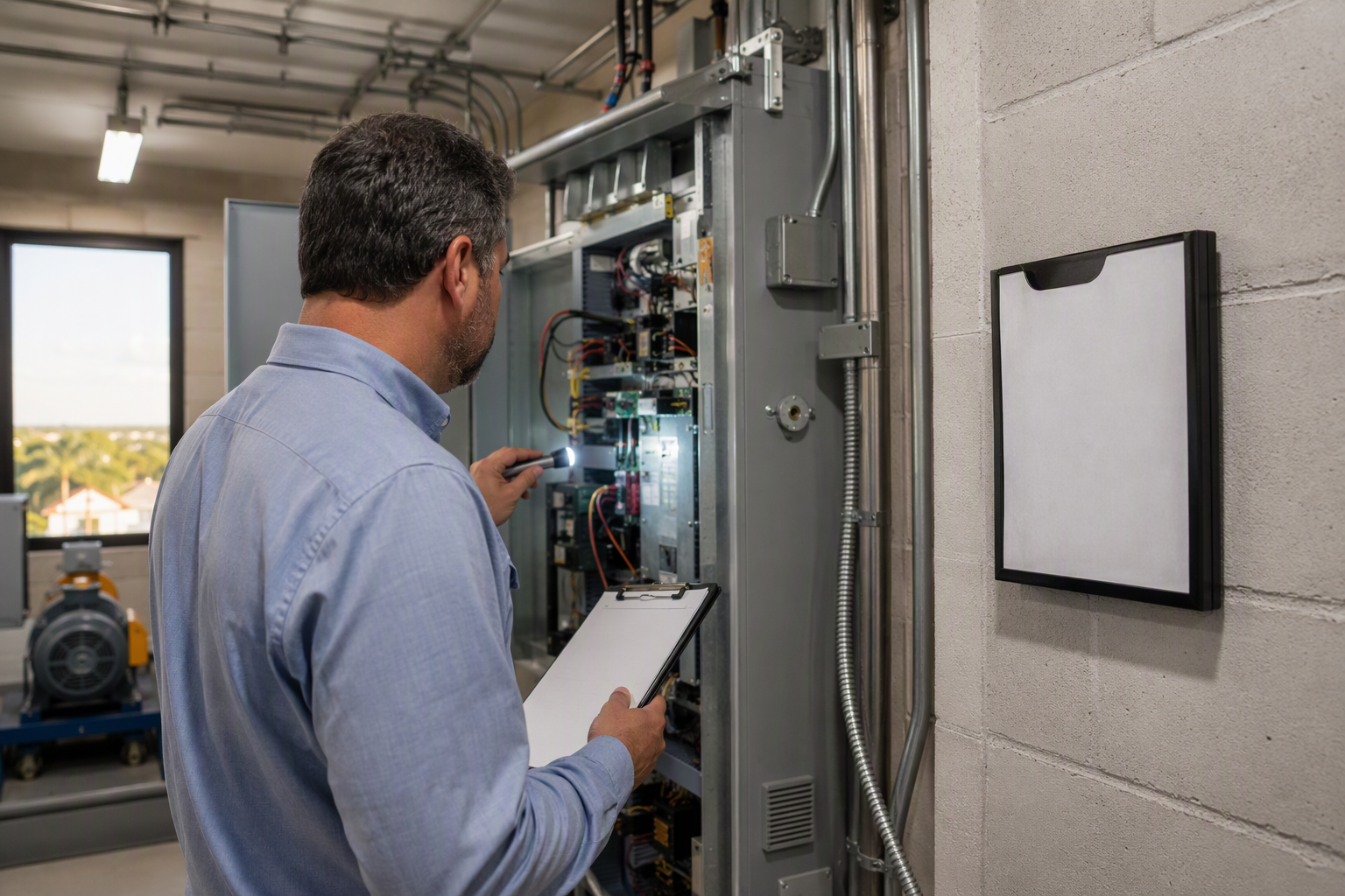 Broward County Elevator Final Inspection — Machine Room Broward County certified elevator inspector examining a new traction elevator machine room controller during a final inspection in Pompano Beach Florida