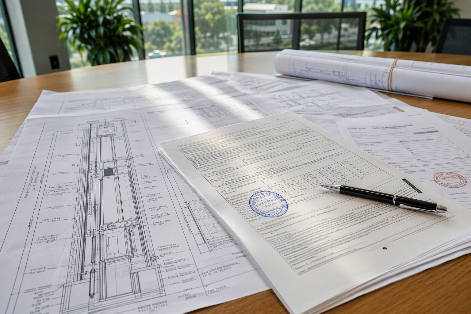 Florida State and Local Elevator Permit Documents Florida DBPR state elevator permit application and local AHJ building permit documents spread on a table, representing required approvals before commercial elevator installation can begin
