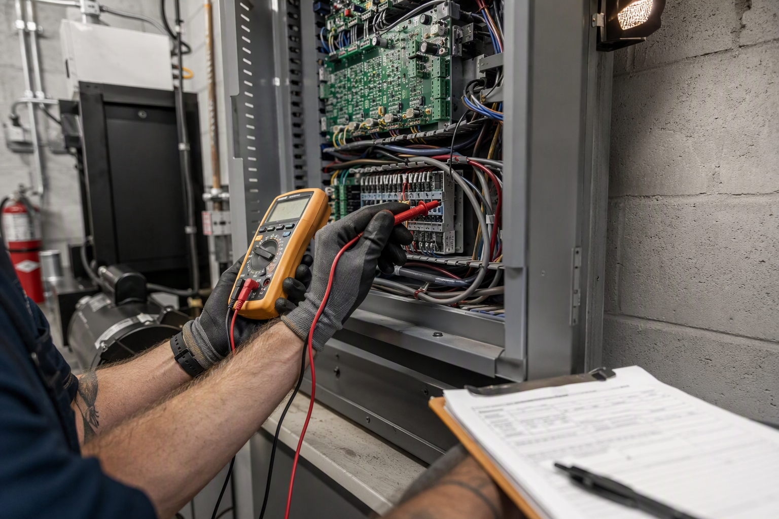 Elevator Controller Inspection in Florida Commercial Machine Room Elevator technician checking controller wiring in a Florida commercial building machine room during installation and final inspection phase, a key step before certificate of operation is issued