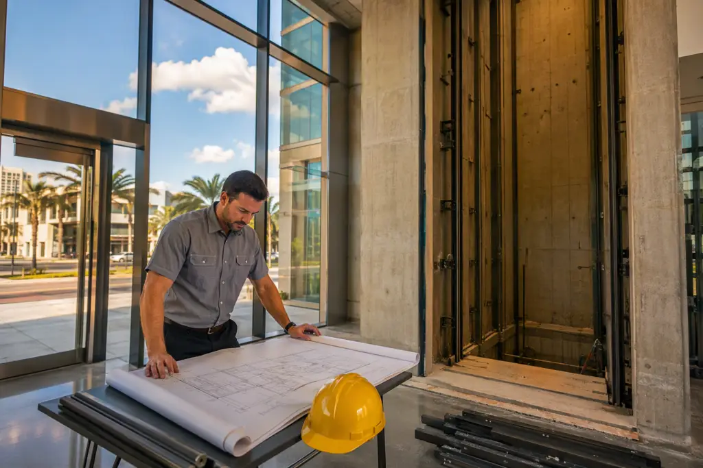 Licensed elevator contractor reviewing installation plans outside a Sarasota FL commercial building with an open hoistway visible through the glass lobby, illustrating the Florida commercial elevator