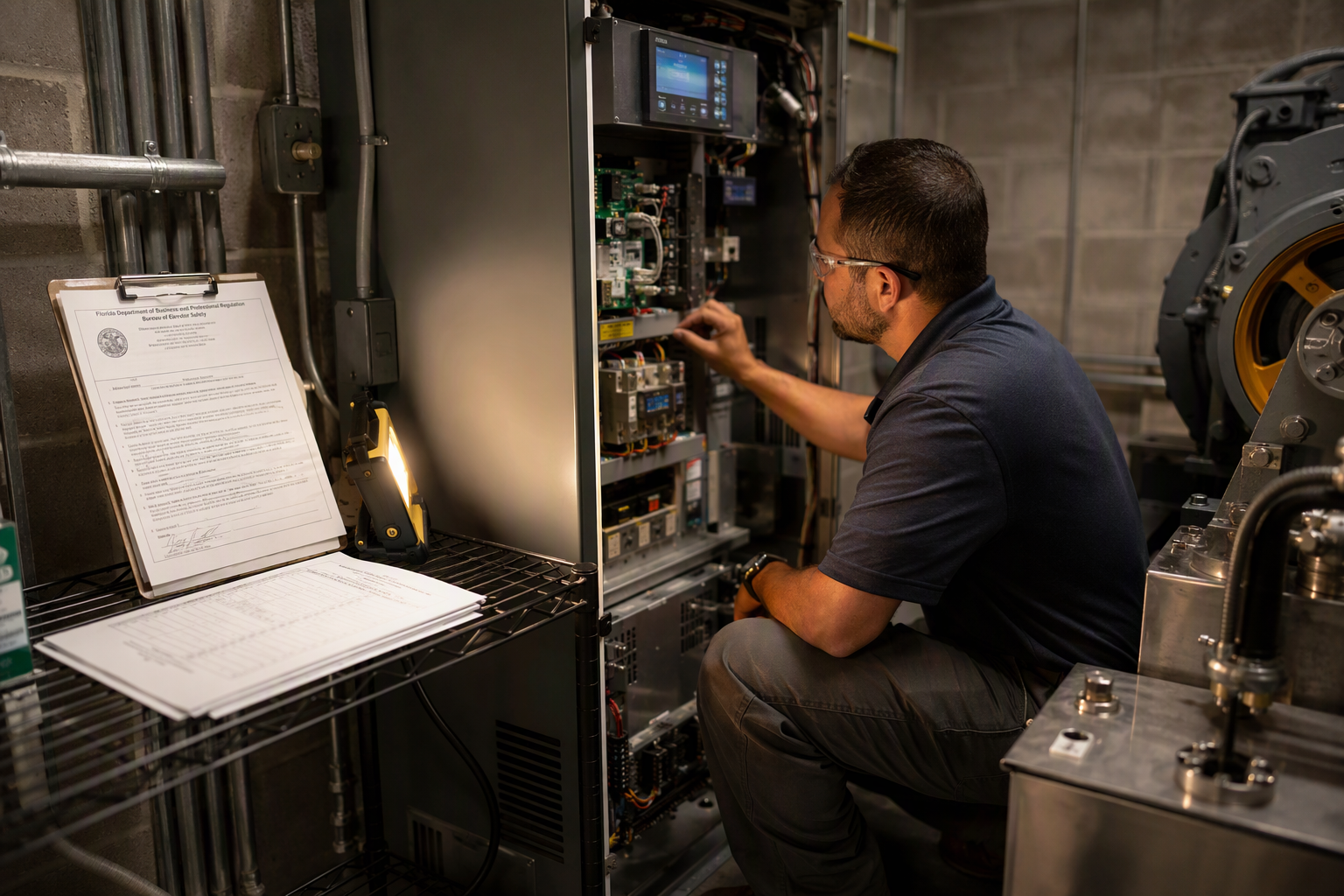 Certified elevator mechanic inspecting a traction elevator controller in a Florida commercial building machine room during installation, with DBPR permit documents on a nearby shelf.