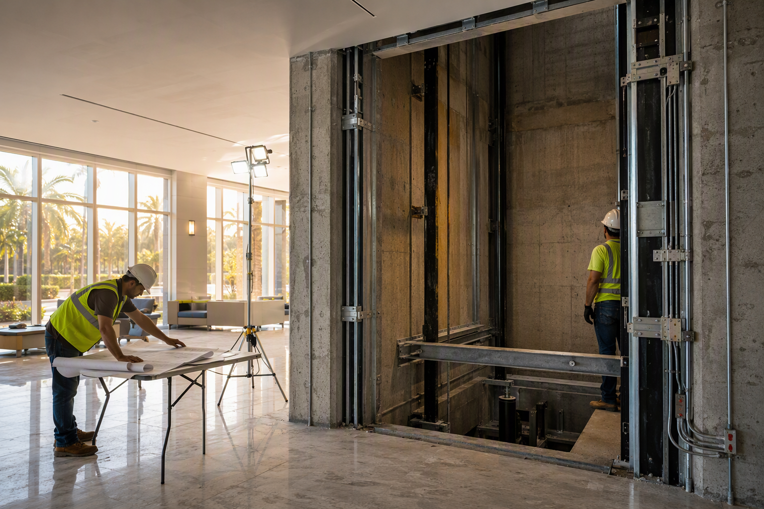 Commercial Elevator Installation in Progress, Florida Office Building New commercial elevator installation in progress inside a Florida office building lobby, showing open hoistway, steel guide rails, and construction crew reviewing engineering drawings — typical 3 to 1