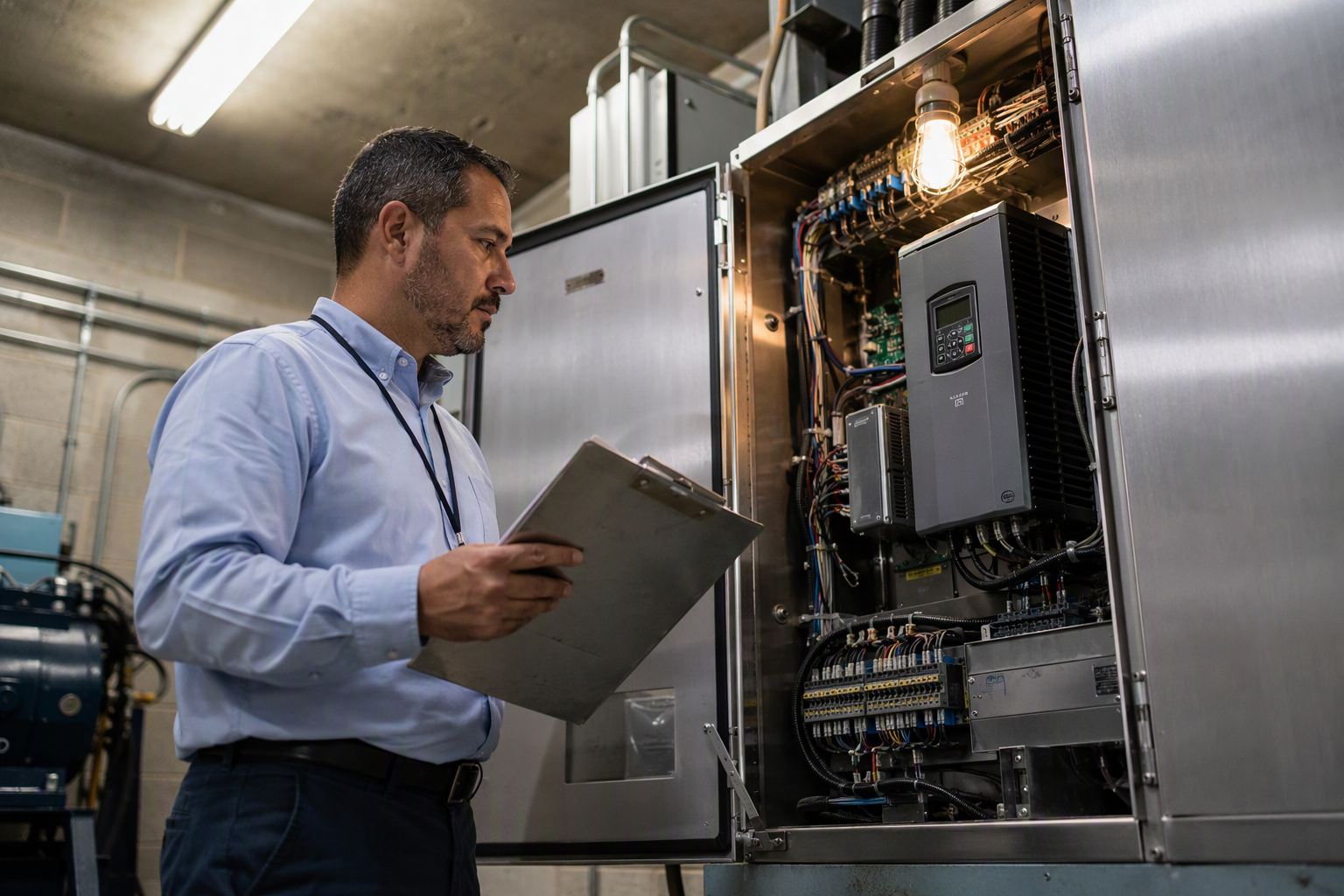 Florida DBPR certified elevator inspector reviewing a commercial traction elevator controller in a machine room during the permitting and inspection phase of a new installation