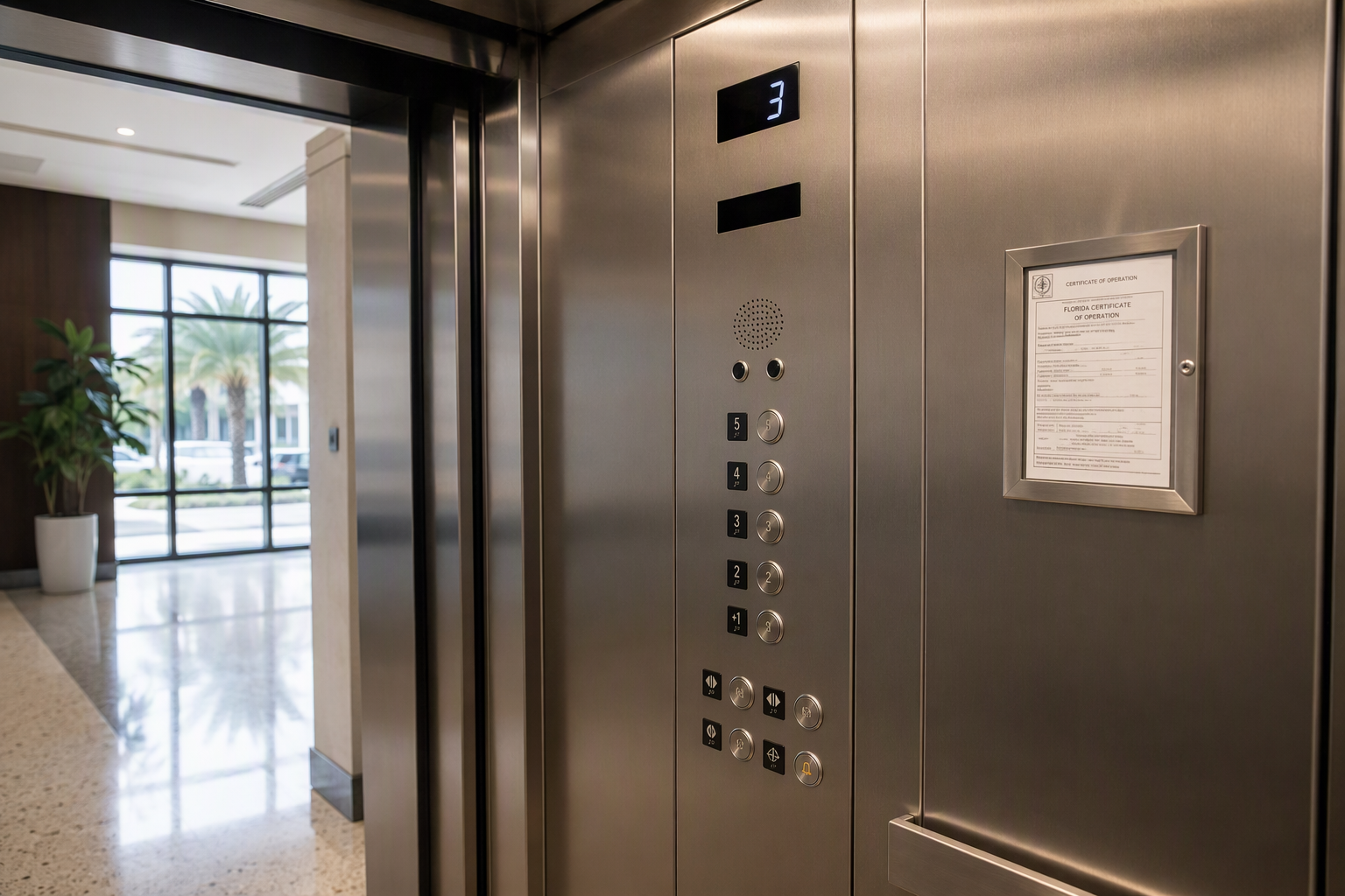Newly installed commercial elevator cab interior in a Sarasota Florida office building displaying a Florida certificate of operation, the final milestone in the installation process