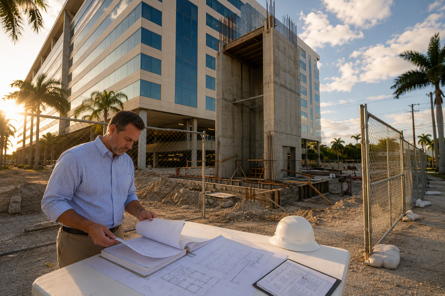 Building manager reviewing elevator installation permit documents at a Florida commercial construction site, illustrating the 4-to-12-month timeline from contract to certificate of operation