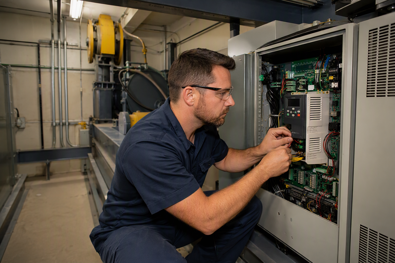 Elevator technician servicing a variable-frequency drive controller in a commercial building machine room during new elevator installation in Pompano Beach, Florida.