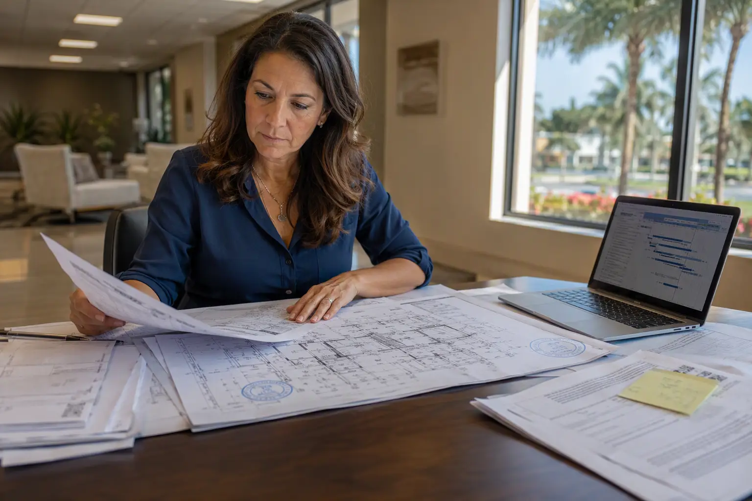 Building manager reviewing commercial elevator installation permit documents and engineering drawings at a Pompano Beach Florida office, planning project timeline and Broward County approvals.