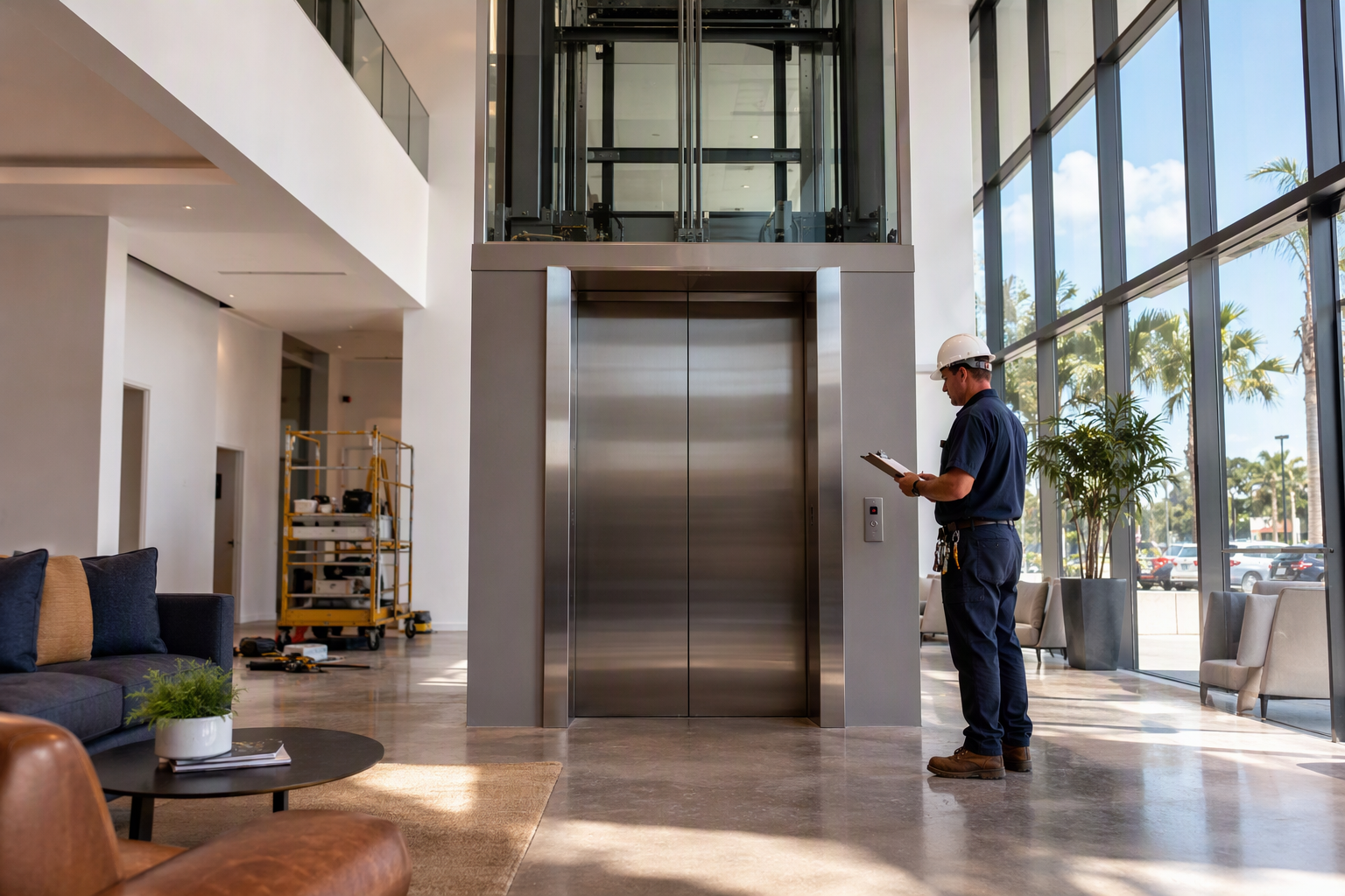 New commercial elevator installation in a Pompano Beach FL office building lobby, showing freshly installed stainless-steel cab doors and a technician reviewing inspection documents.