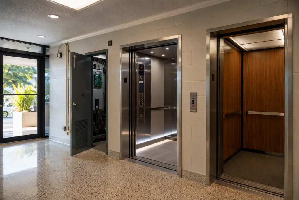 Side-by-side elevator cabs in a Florida mid-rise building showing one modernized cab with new stainless fixtures next to an older original cab, illustrating the difference between elevator modernizati