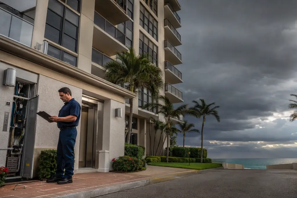 Licensed elevator technician reviewing inspection documents outside a Pompano Beach FL mid-rise condominium before hurricane season, ensuring elevator compliance under Florida law