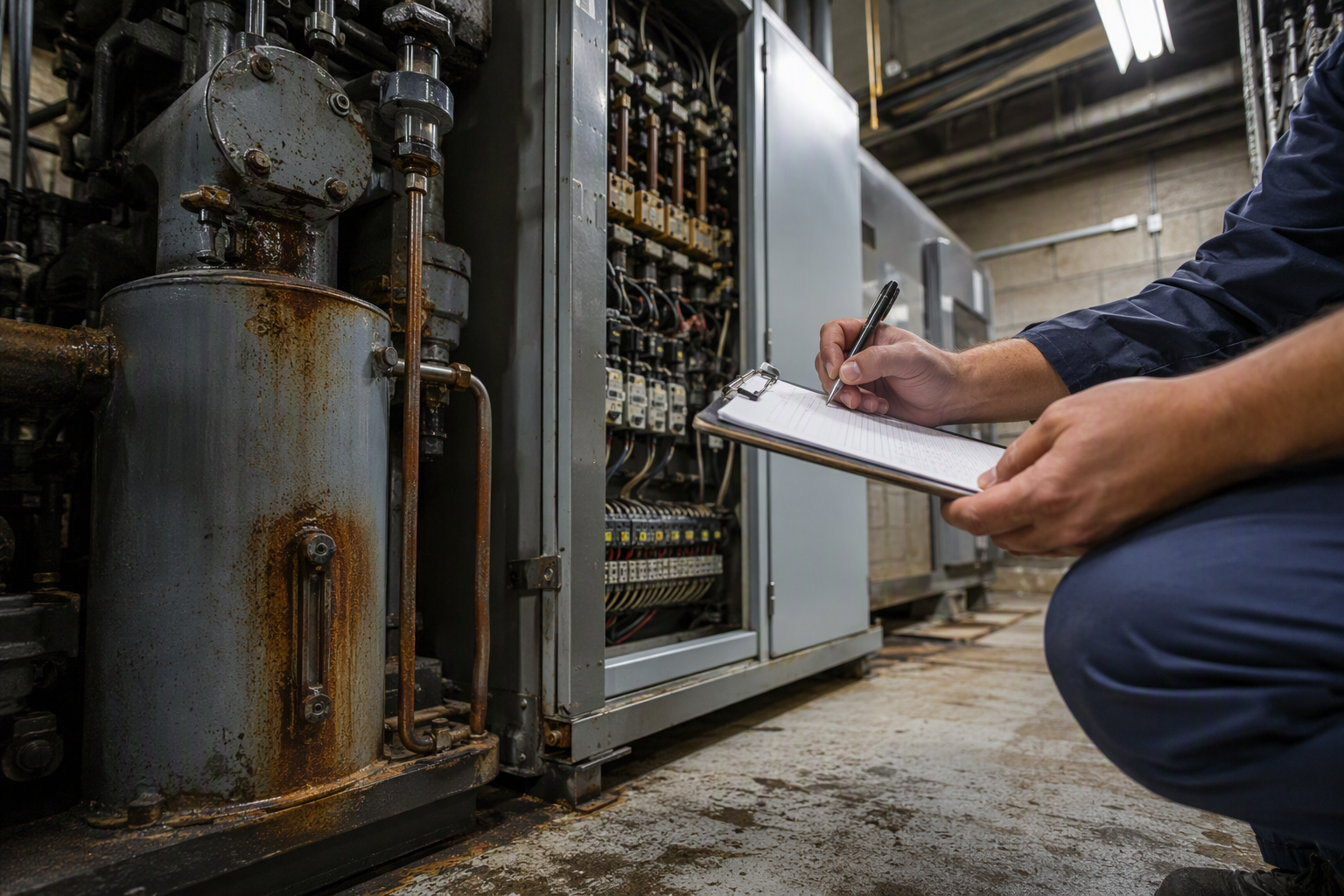 Aging hydraulic elevator power unit and relay controller in a Florida machine room being inspected for remaining useful life and repair cost assessment