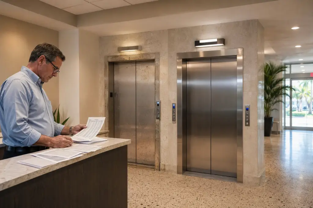 Building manager in Pompano Beach FL lobby reviewing elevator repair vs. replacement cost spreadsheet beside aging and modernized elevator doors