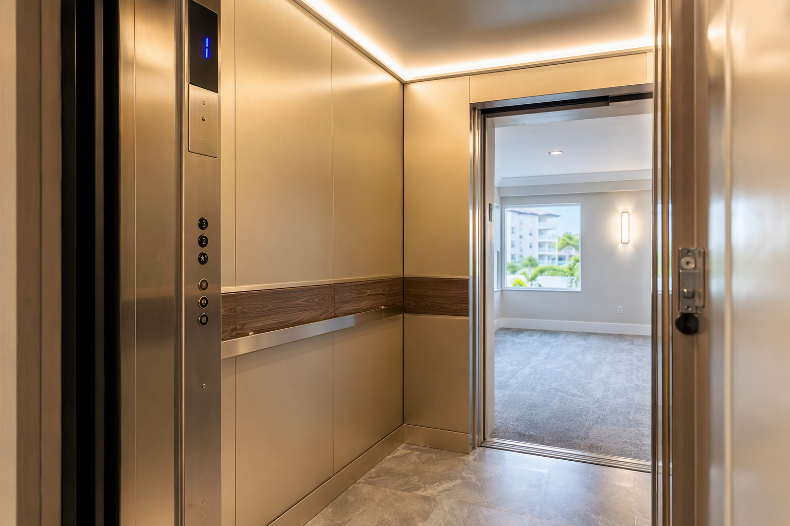 Modernized elevator cab interior in Sarasota FL residential building with LED cove lighting, new wall panels, and updated floor display showing replacement value
