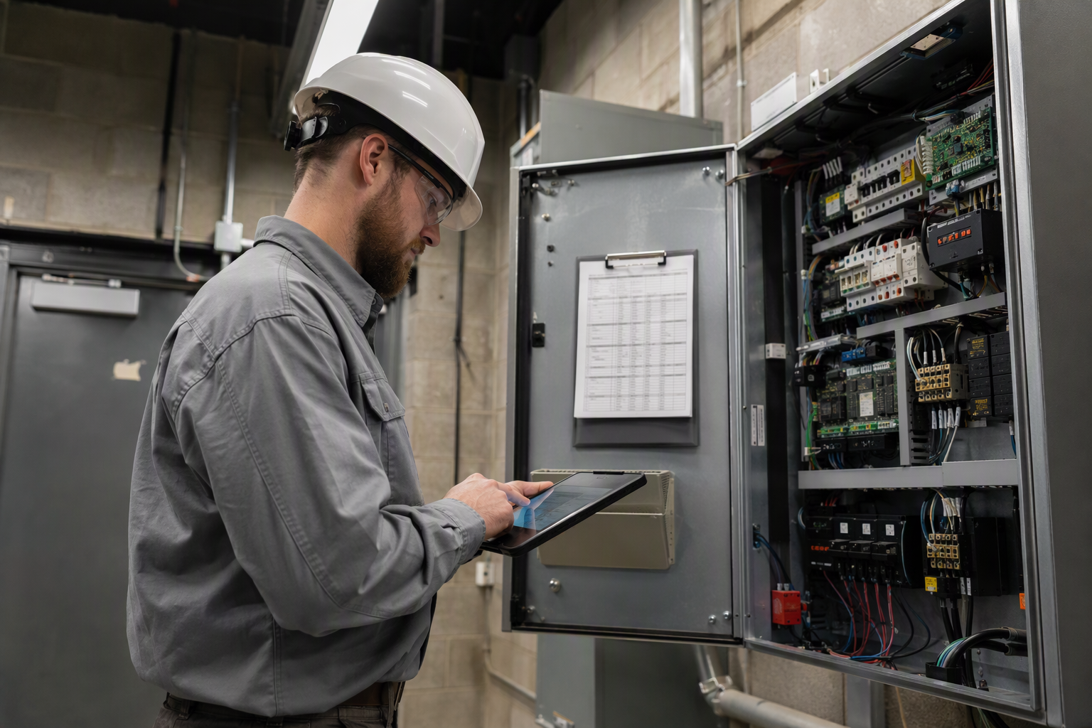 DBPR-certified elevator technician servicing a commercial elevator controller in a Florida machine room under a dedicated elevator maintenance contract