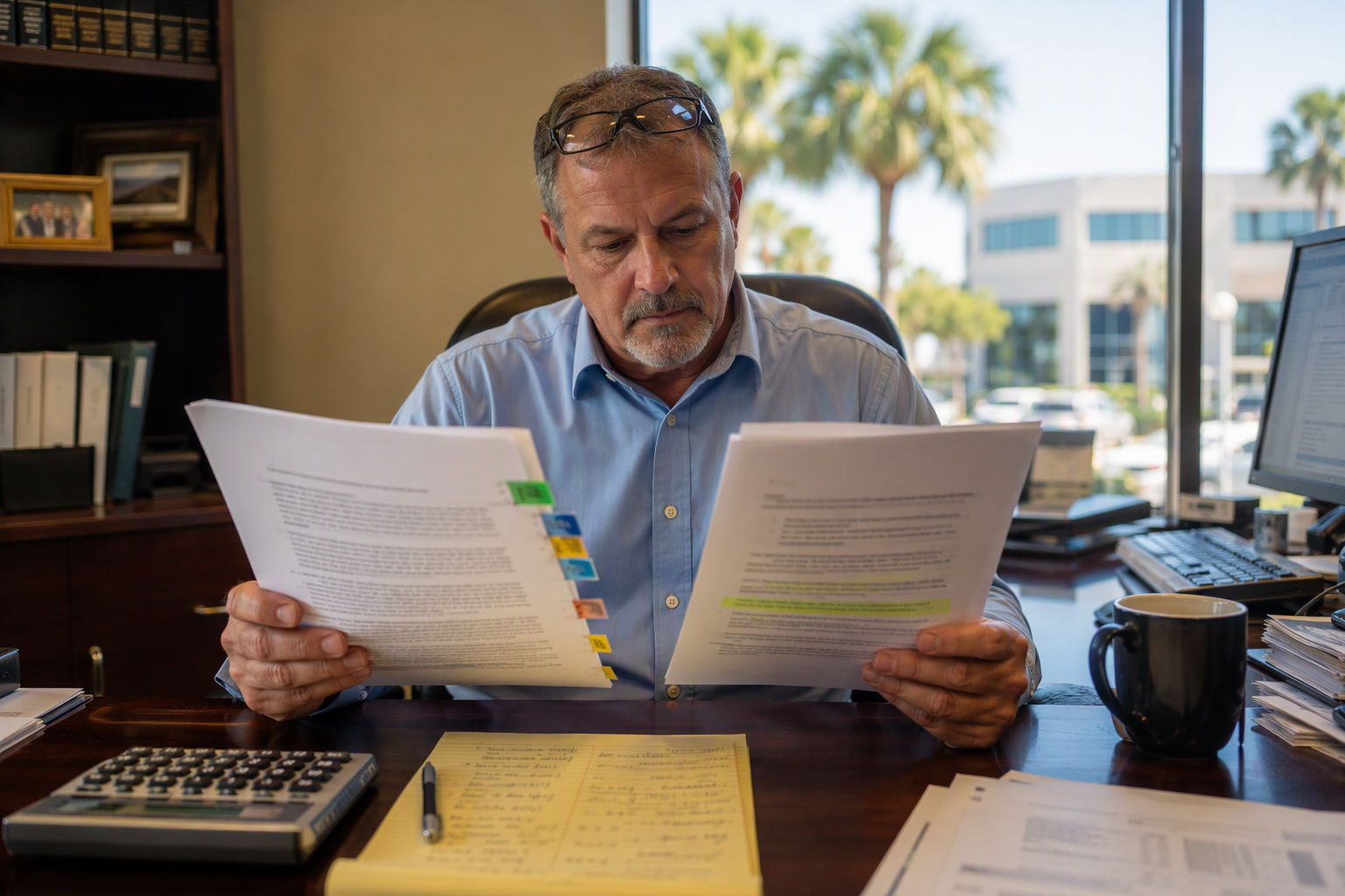 Sarasota building facilities manager comparing costs of a bundled facilities management elevator contract versus a separate dedicated elevator service agreement at his desk