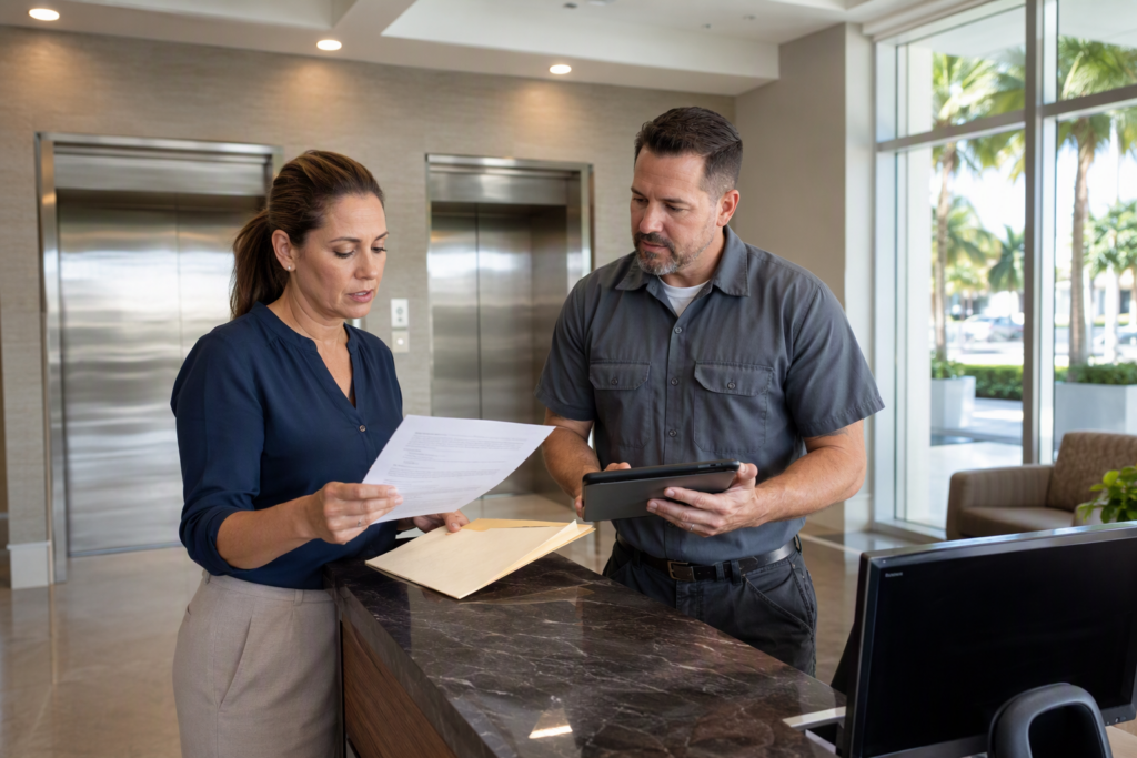 Florida building manager and elevator technician reviewing compliance documents in a Pompano Beach commercial lobby before authorizing elevator repair work