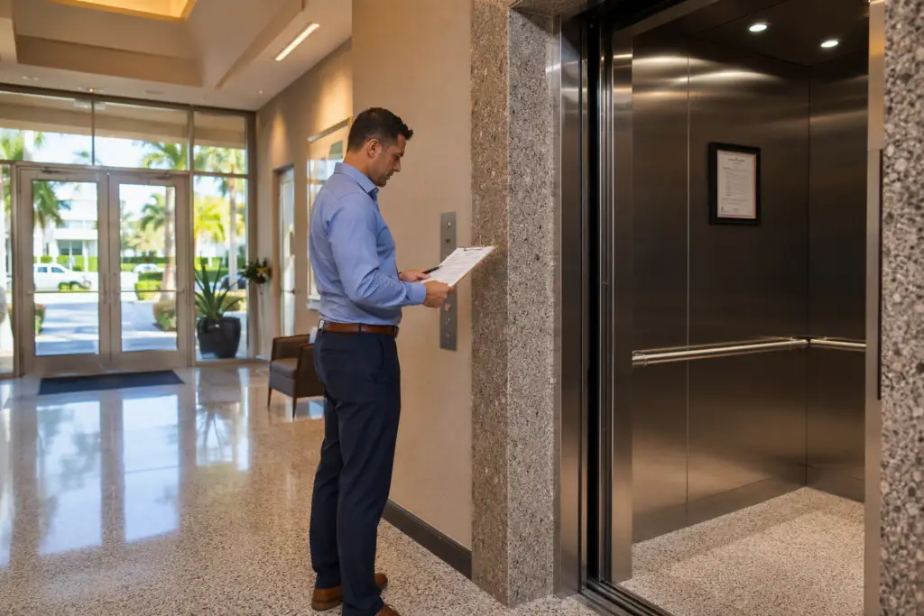 Florida building manager reviewing year-end elevator inspection compliance checklist in a Pompano Beach commercial lobby with elevator certificate of operation visible in cab